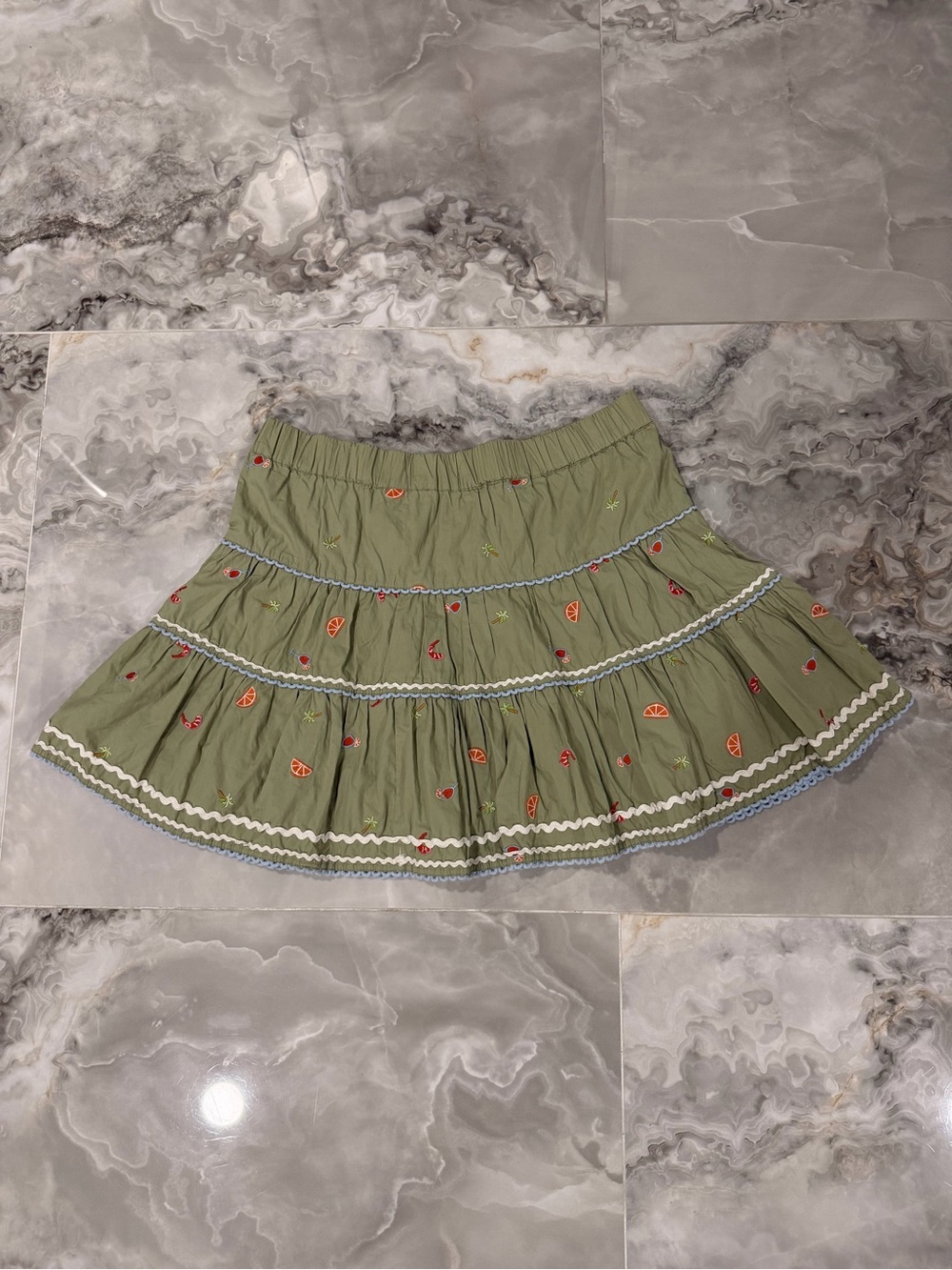 Roller Rabbit Olive Green Tiered Skirt with Fruit Embroidery